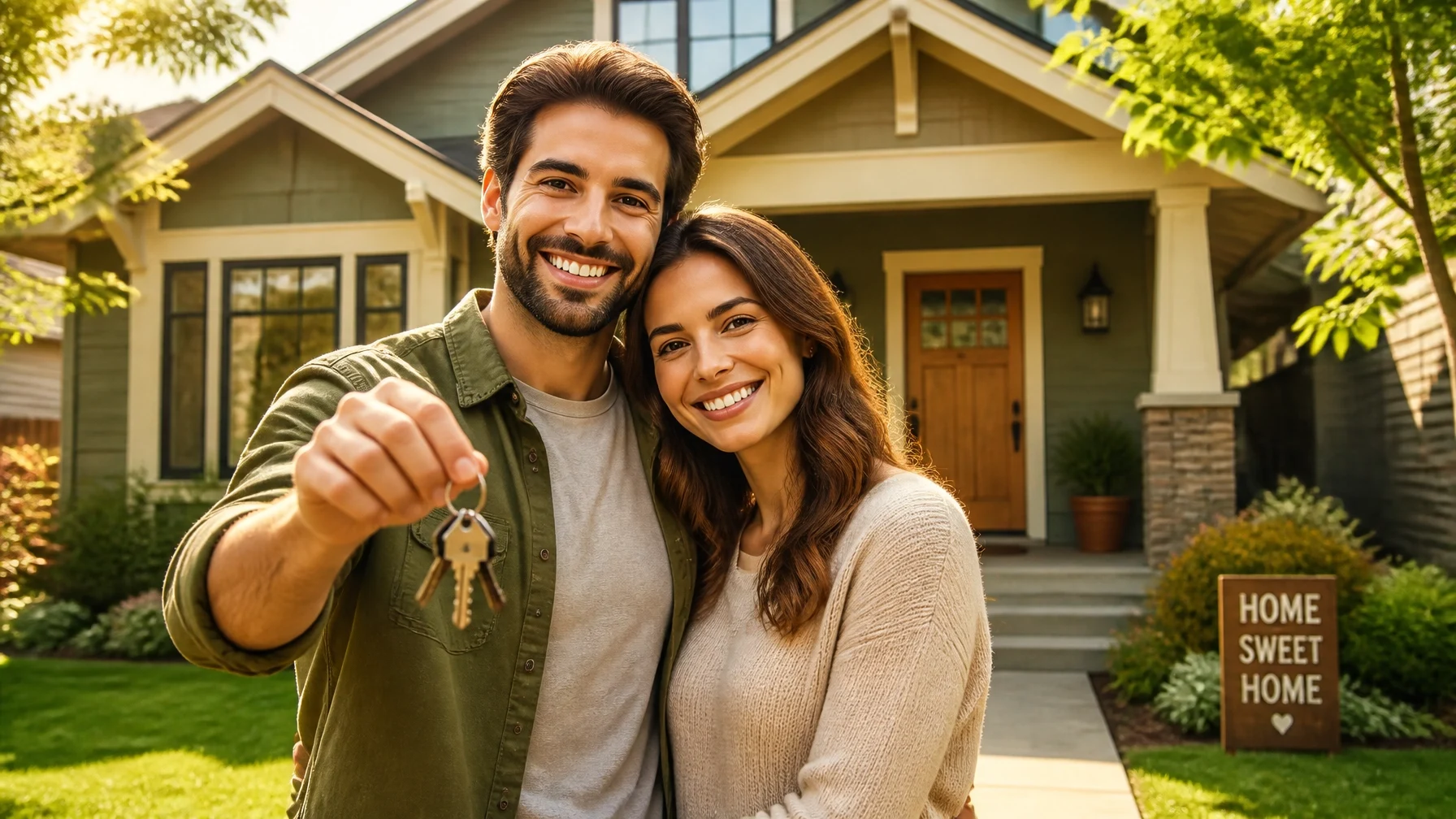 Smiling first-time homebuyers holding house keys in front of their newly purchased home after a successful mortgage closing.