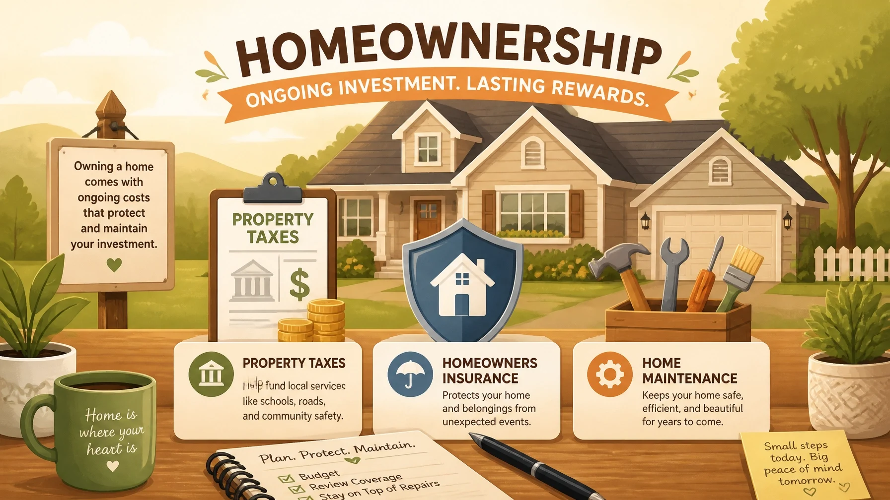 Infographic explaining the ongoing costs of homeownership, including property taxes, homeowners insurance, and home maintenance to protect your investment.
