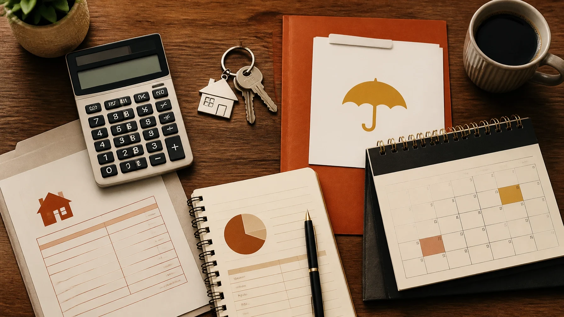 Mortgage planning workspace with calculator, home keys, financial documents, calendar, and coffee on a wooden desk.