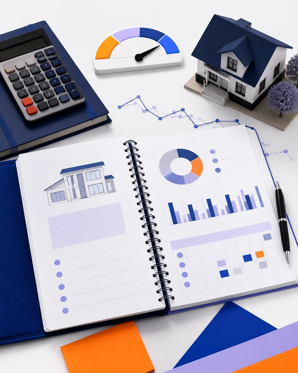 Mortgage planning and home financing concept with calculator, credit score gauge, house model, financial charts, and loan analysis.