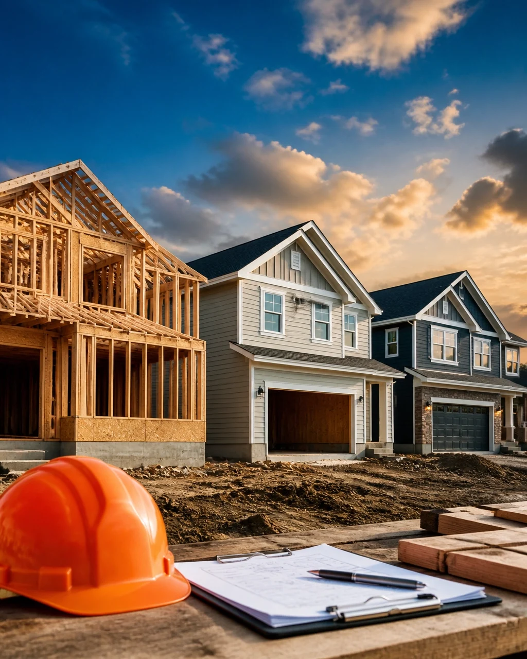 New home construction site with unfinished houses, construction materials, hard hat, and building plans.