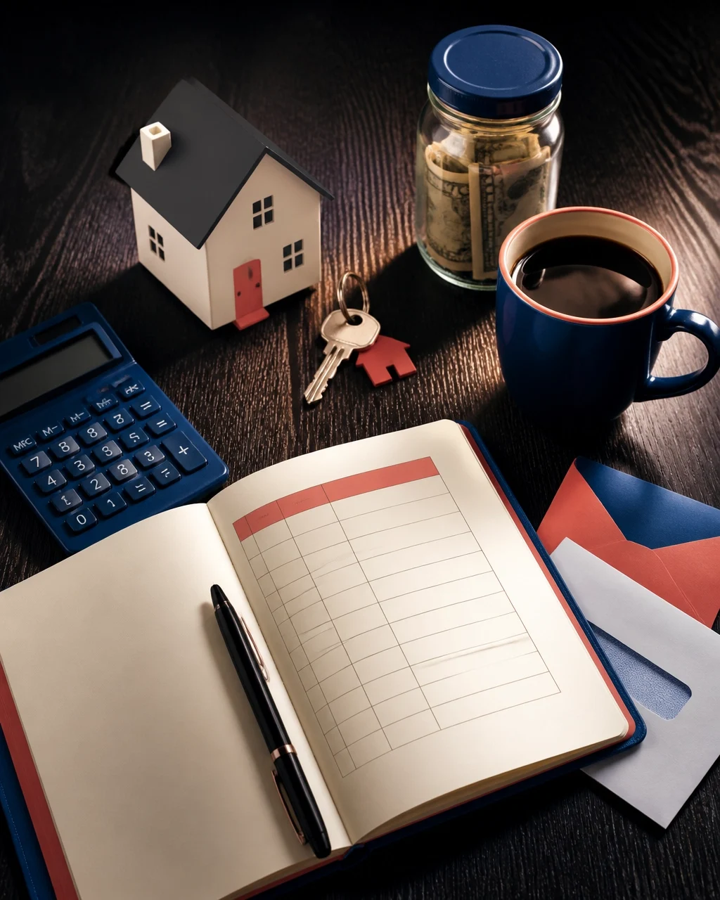 Mortgage planning with house model, savings jar, home keys, calculator, coffee and financial notebook