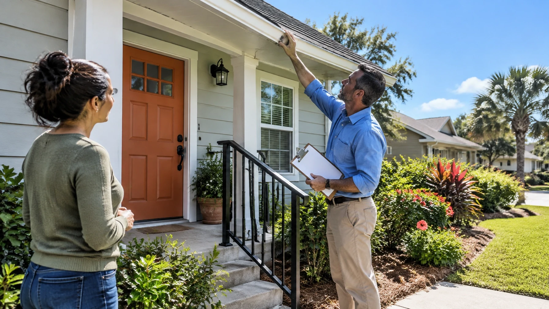 Home inspector examining exterior of house with homeowner during property inspection