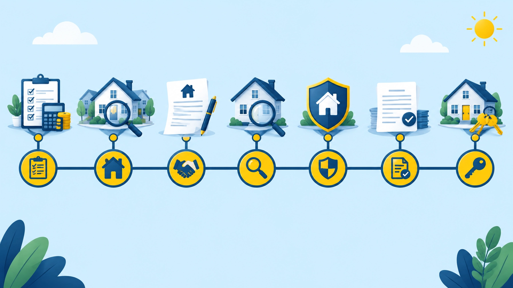 Home buying timeline showing seven steps from budgeting to getting the keys.