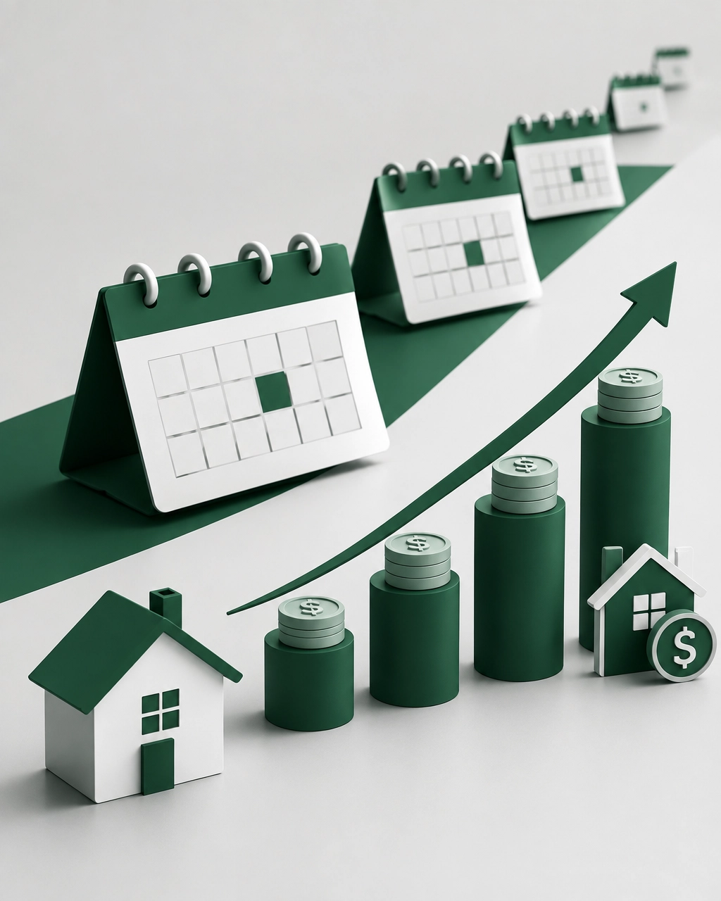 Row of monthly calendars beside a small house and rising stacks of coins with an upward arrow, illustrating home equity growing over time with each mortgage payment