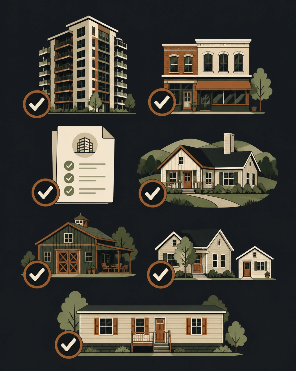 Illustration showing different property types, including condos, commercial buildings, single-family homes, barns, multi-home properties, and manufactured homes, with approval checkmarks.