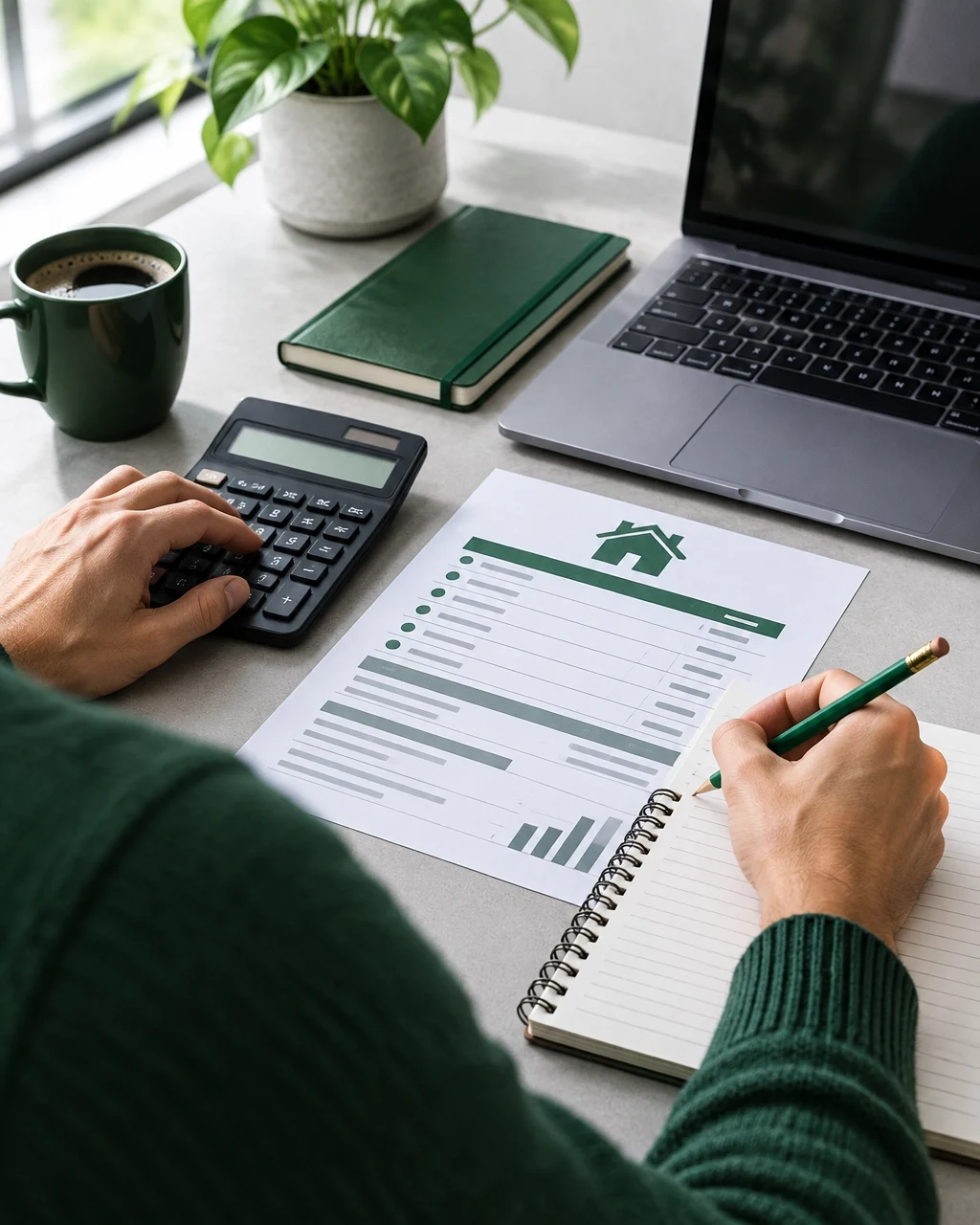 Person using a calculator and taking notes at a desk while reviewing a home loan document, with a laptop, coffee, and notebook nearby