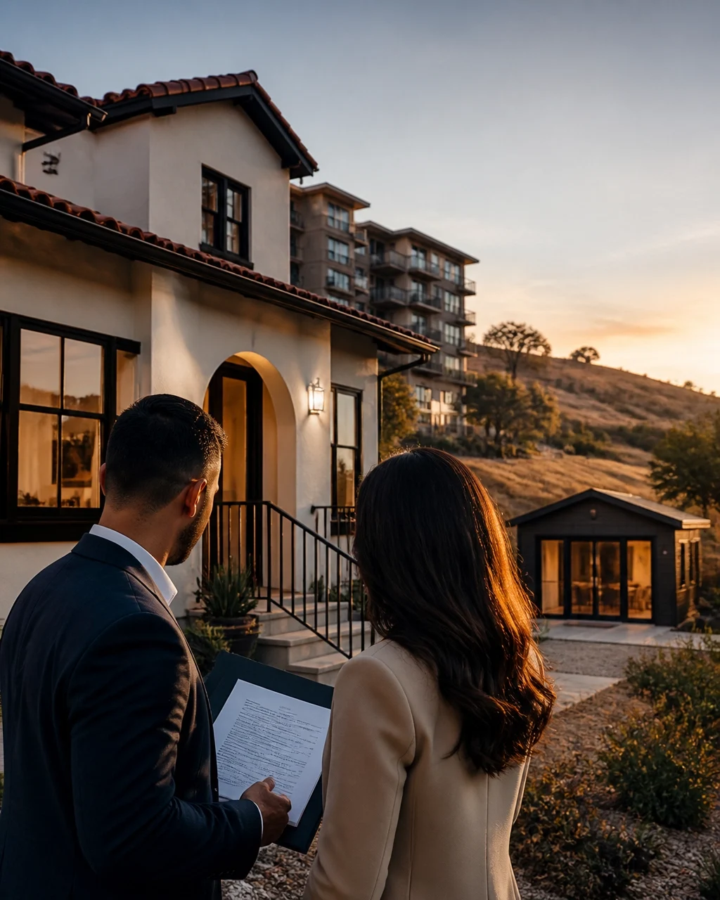 Homebuyers reviewing property documents with a real estate professional outside a home with additional structures and surrounding hillside properties.