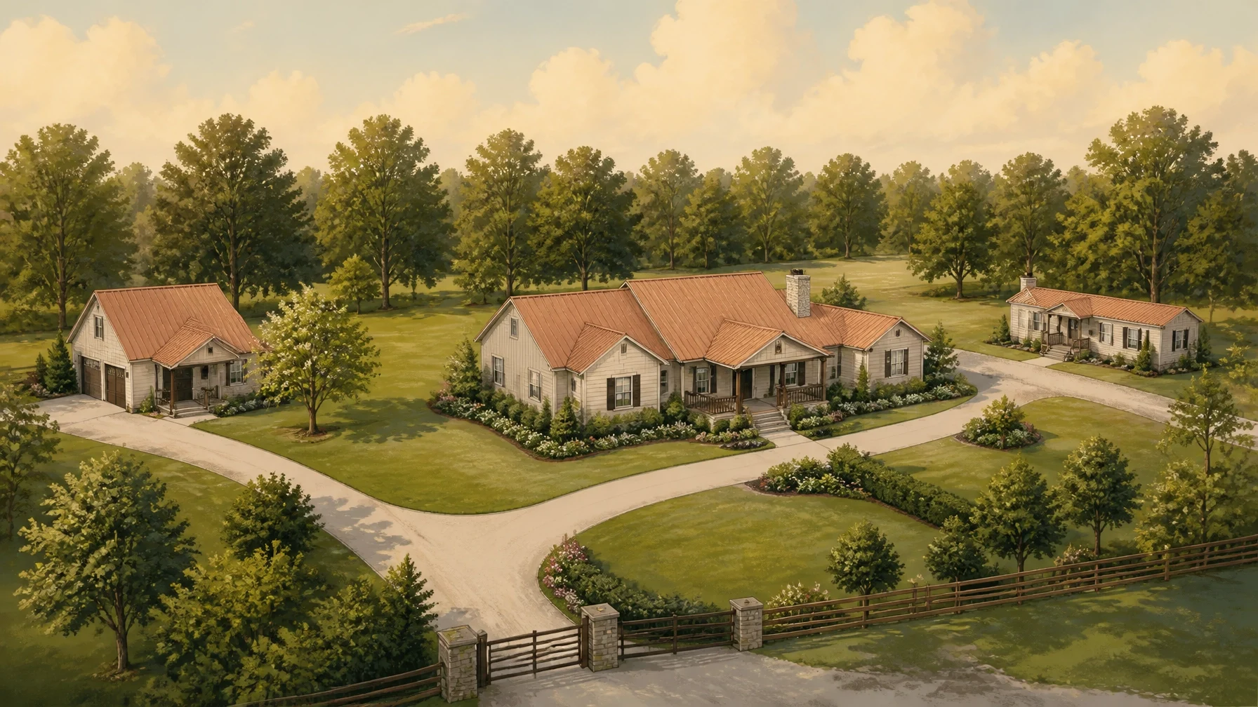 Aerial view of a large rural property with multiple homes, landscaped grounds, private driveway, and wooded surroundings.
