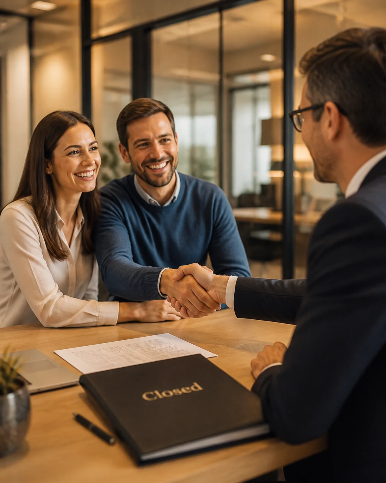 Happy homebuyers shaking hands with a mortgage lender after signing closing documents, celebrating a successful home purchase and mortgage closing.