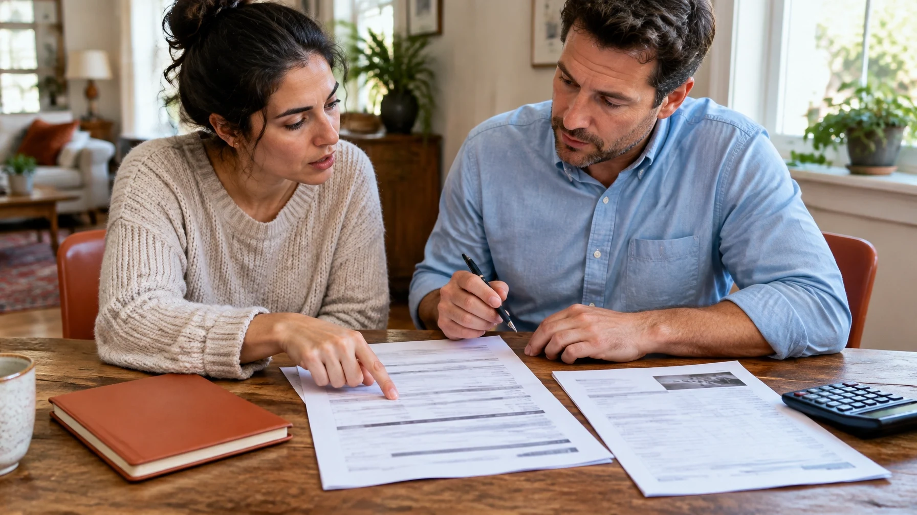 Couple reviewing mortgage paperwork at home with calculator and financial documents on table