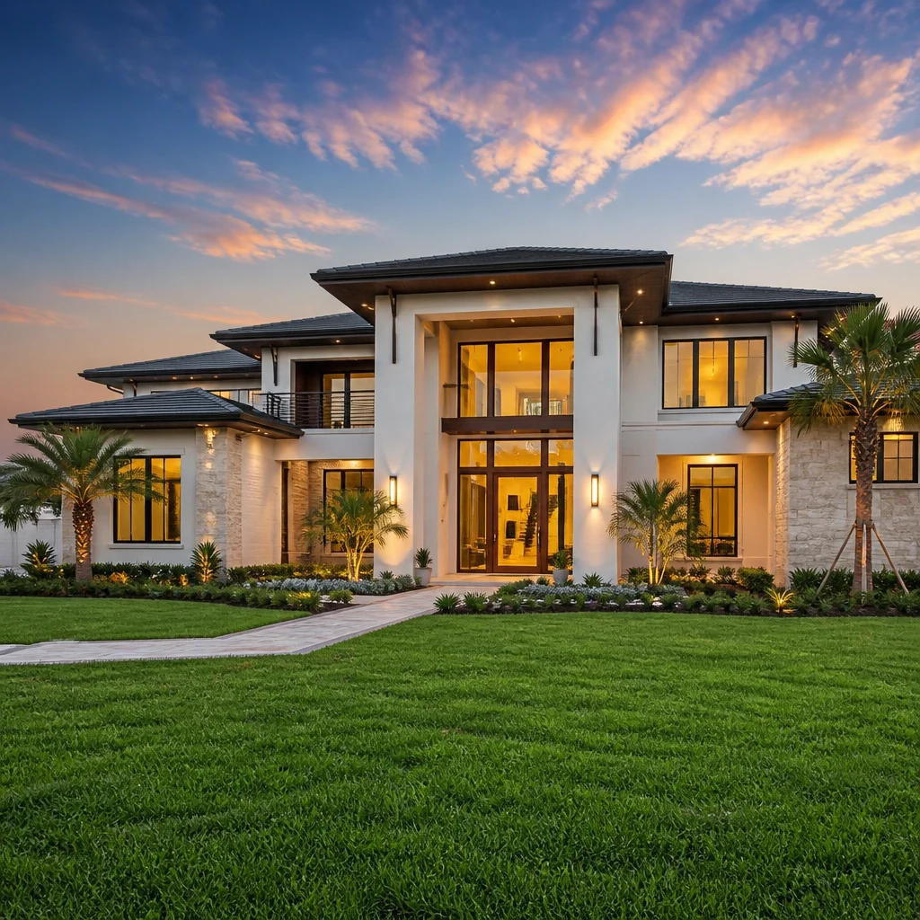 Modern luxury home with manicured landscaping, palm trees, and illuminated windows at dusk, showcasing upscale residential real estate.