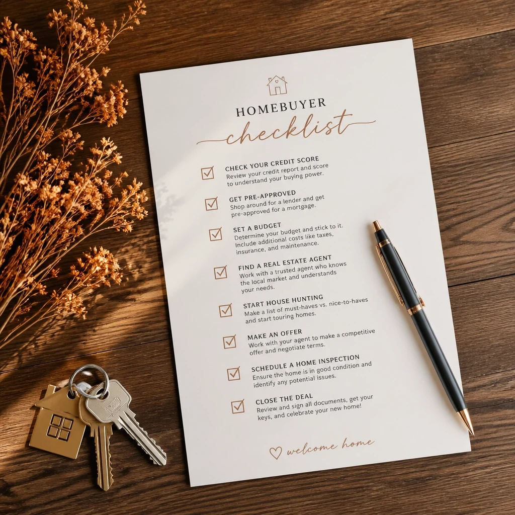 Homebuyer checklist with house keys, pen, and buying steps on a wooden table.