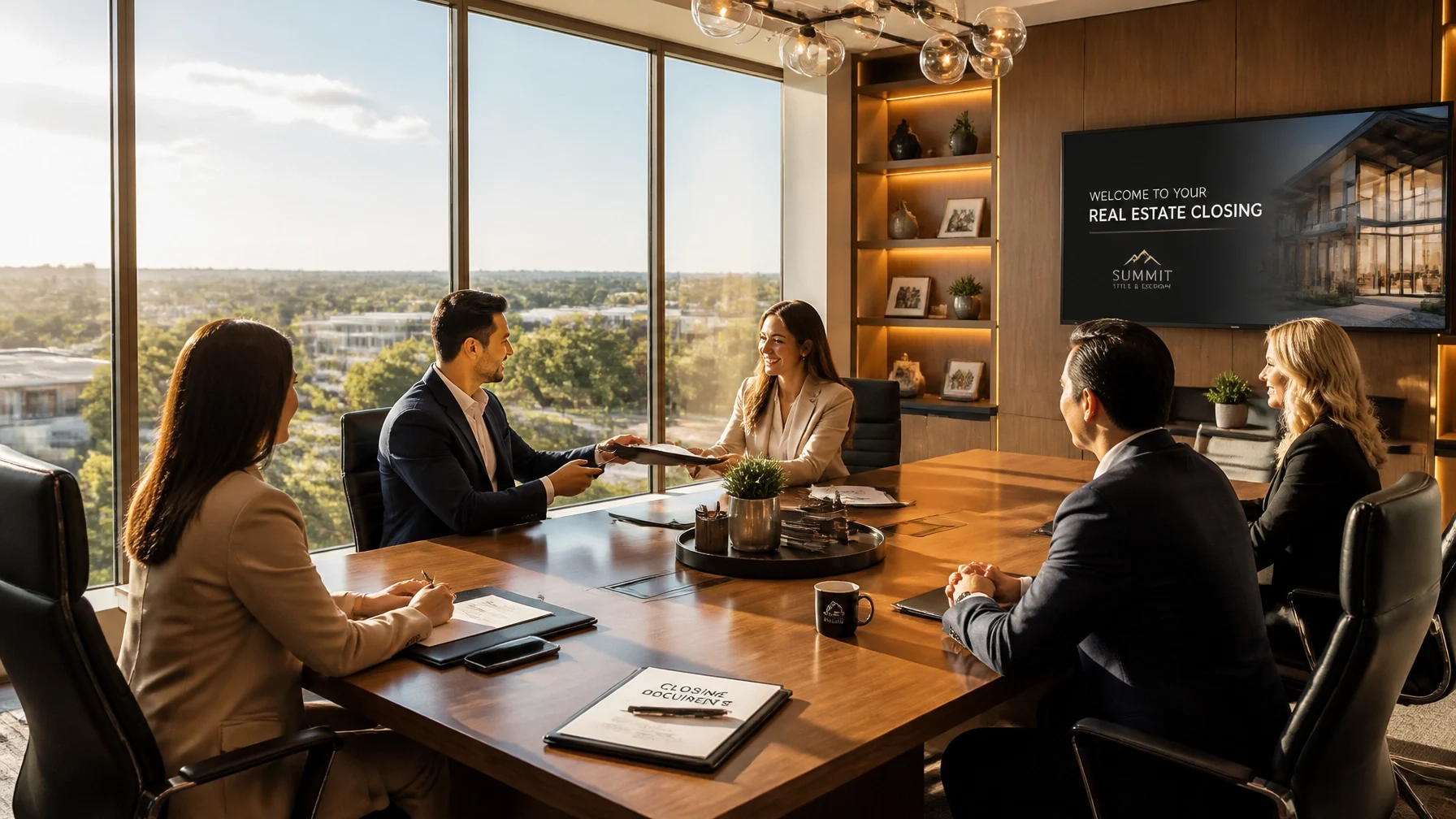 Homebuyers and real estate professionals signing closing documents during a home purchase closing meeting in a modern title office.