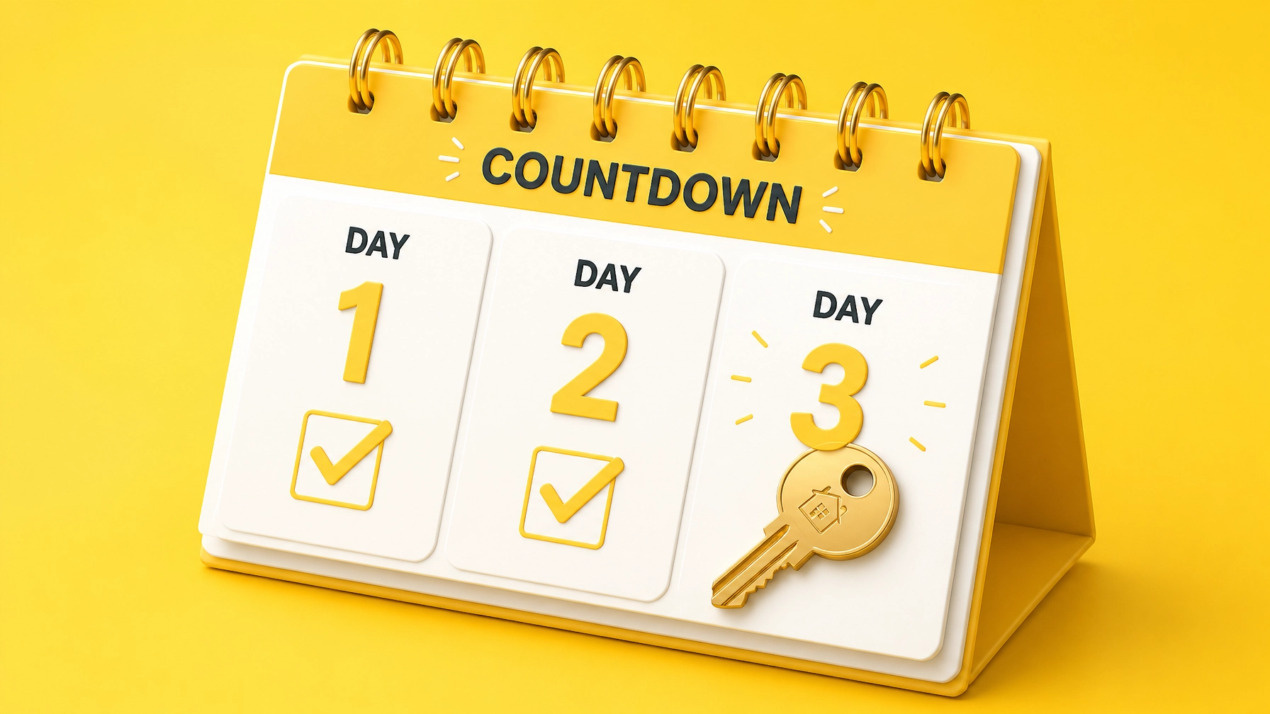 ountdown calendar highlighting the final day of the mortgage process with a house key, symbolizing closing day, homeownership, loan approval, and receiving the keys to a new home.