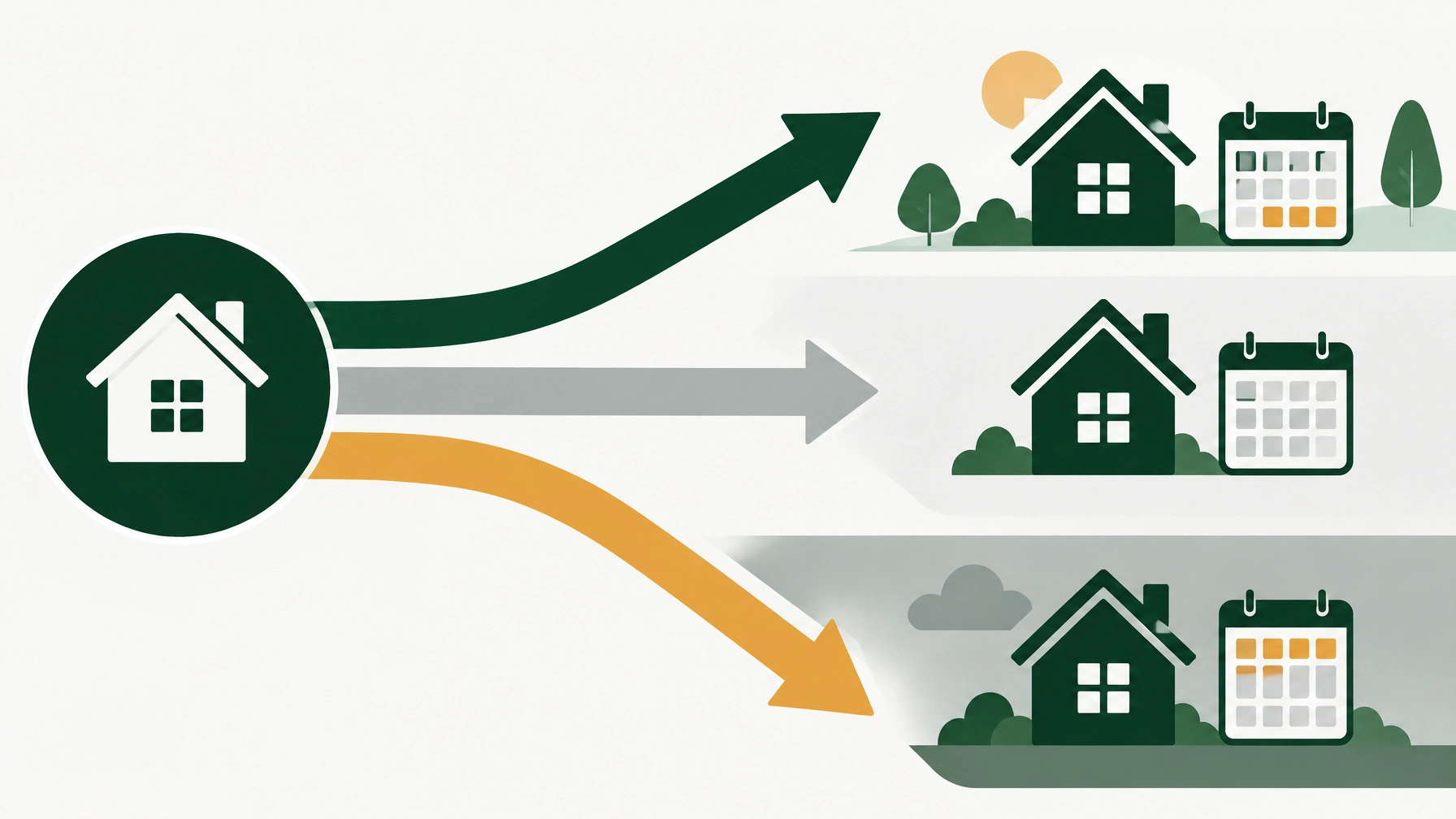 Illustration of a house icon with three arrows branching to three house-and-calendar scenes, showing different timelines or outcomes