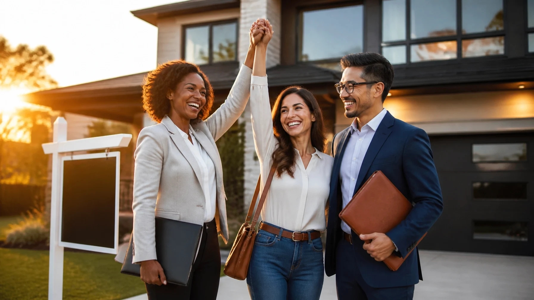 Happy homebuyers celebrating with their real estate agent after closing on a new home, symbolizing successful mortgage approval, homeownership, and the home buying journey.