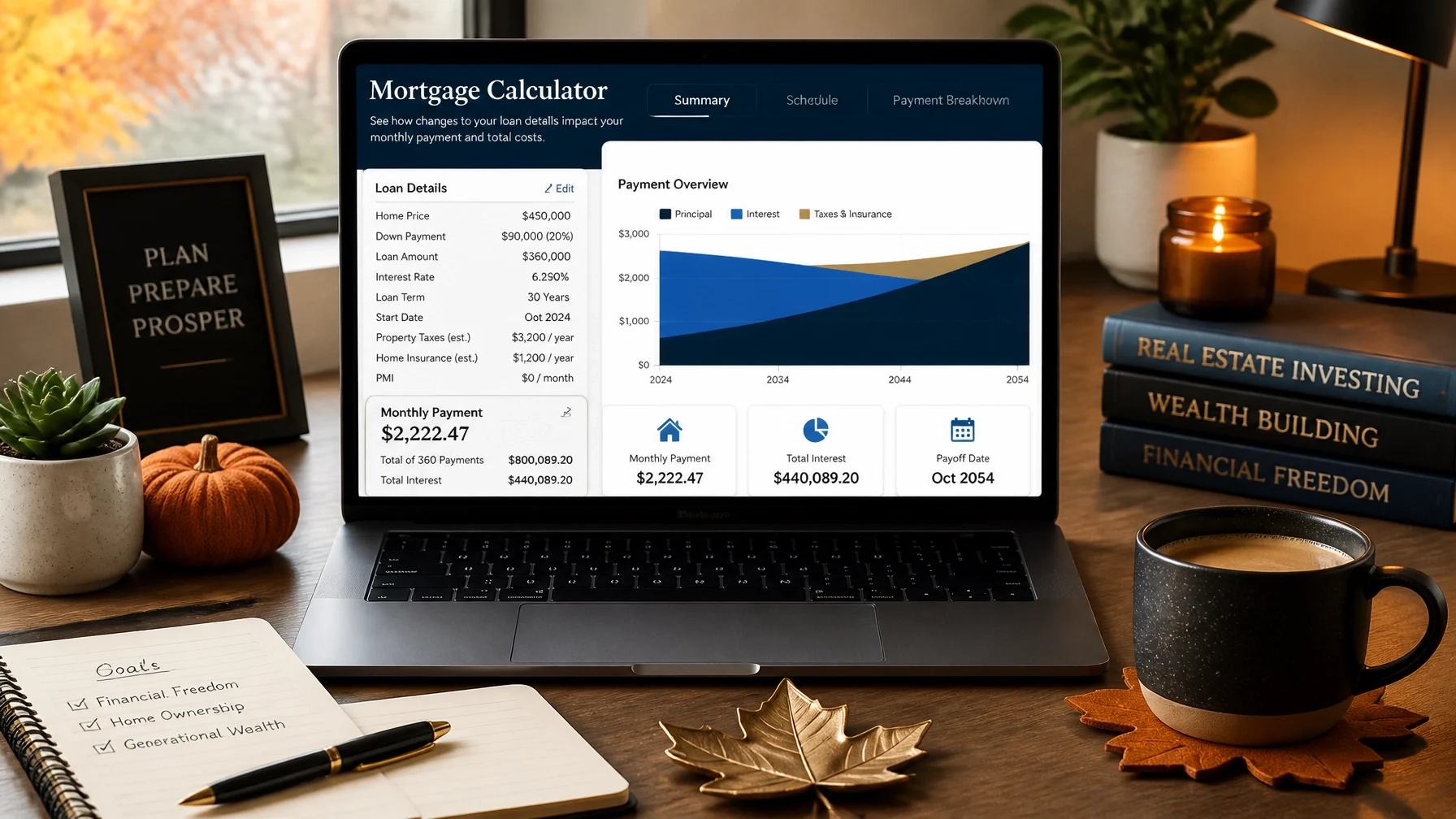 Mortgage calculator displayed on a laptop with home buying and financial planning workspace.