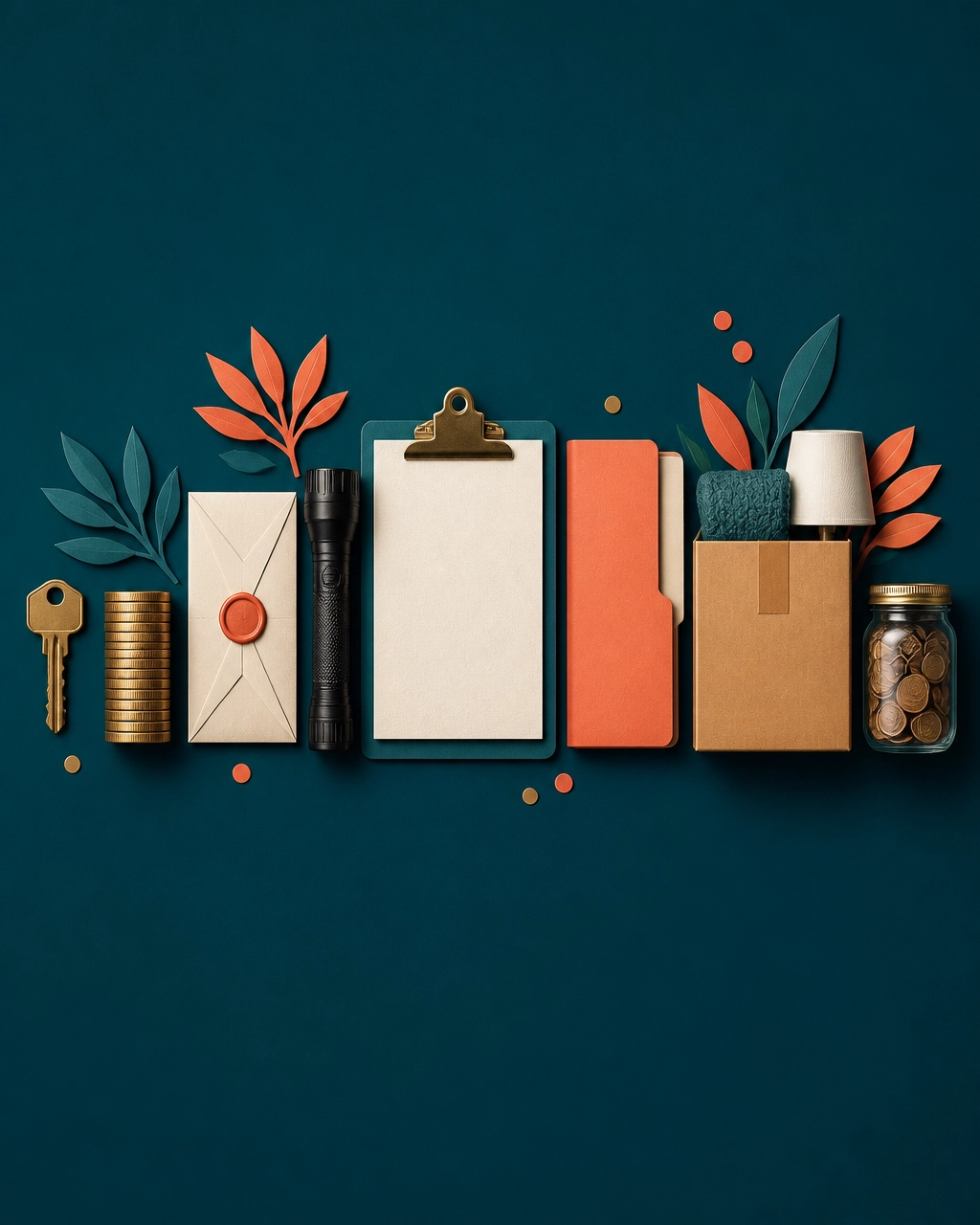 Real estate and home financing essentials arranged with house key, coins, documents, and moving supplies