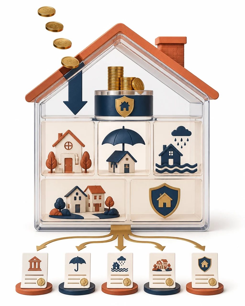 Homeownership financial planning concept with a house, savings, insurance, maintenance and property protection icons
