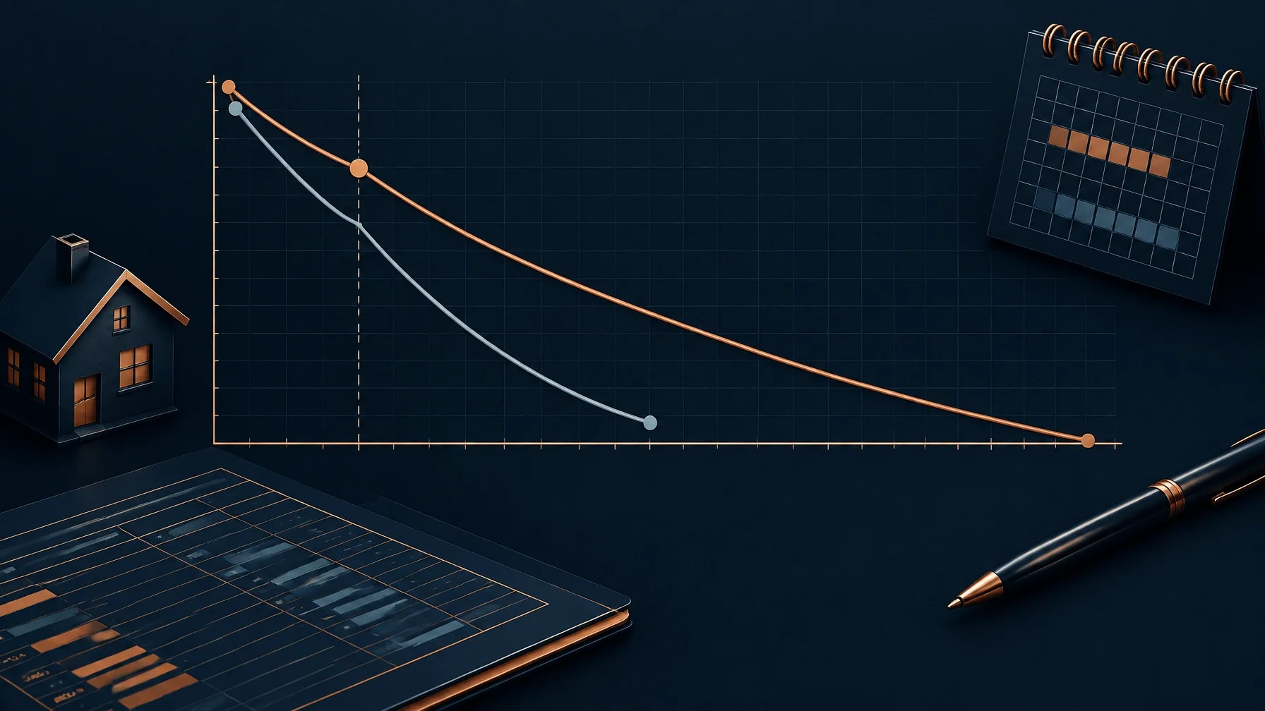 Graph comparing two mortgage payoff curves with a house model, loan schedule, and calendar to show loan term differences