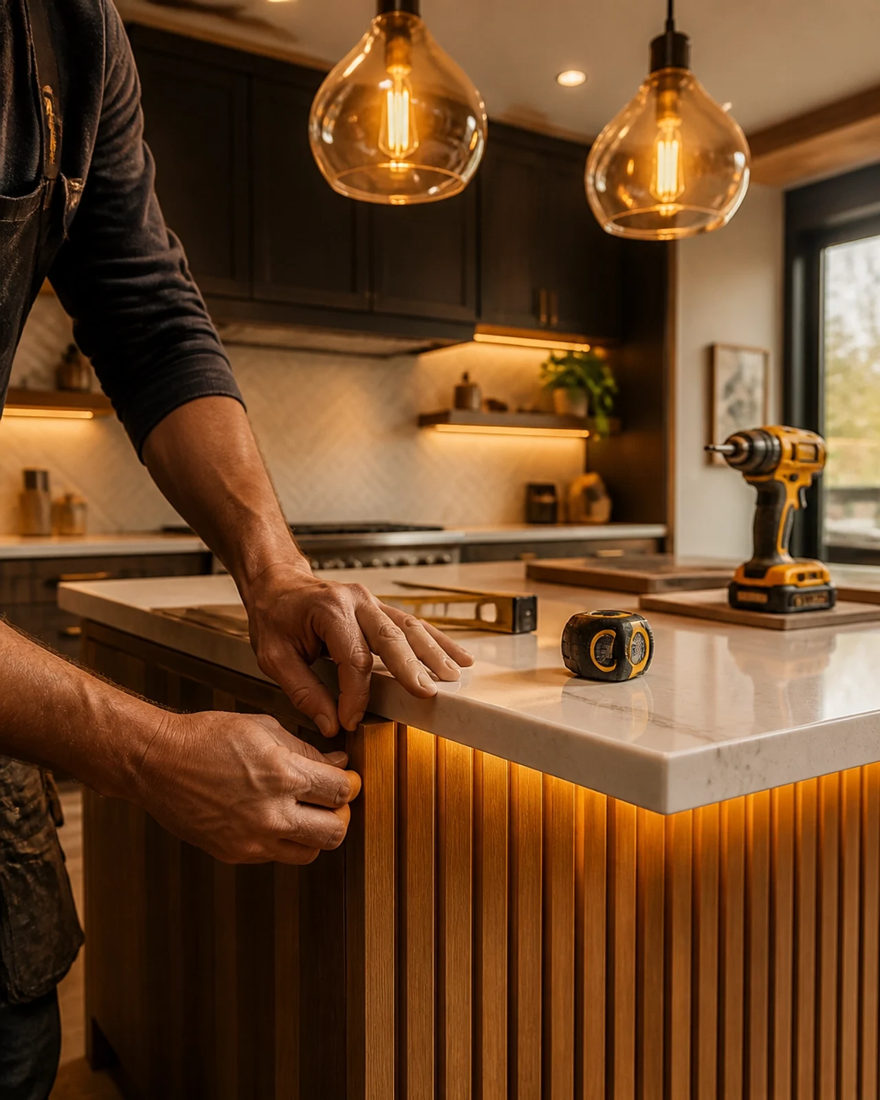 Contractor installing trim on a modern kitchen island during a home renovation, highlighting kitchen remodeling and home improvement upgrades.
