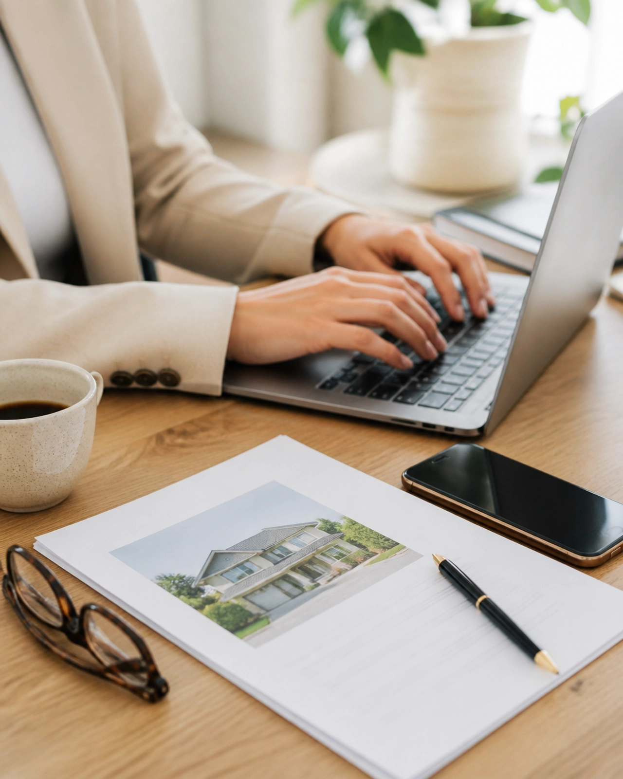 Mortgage professional reviewing loan documents on a laptop with home purchase paperwork, illustrating the mortgage application process, loan approval, and home financing.