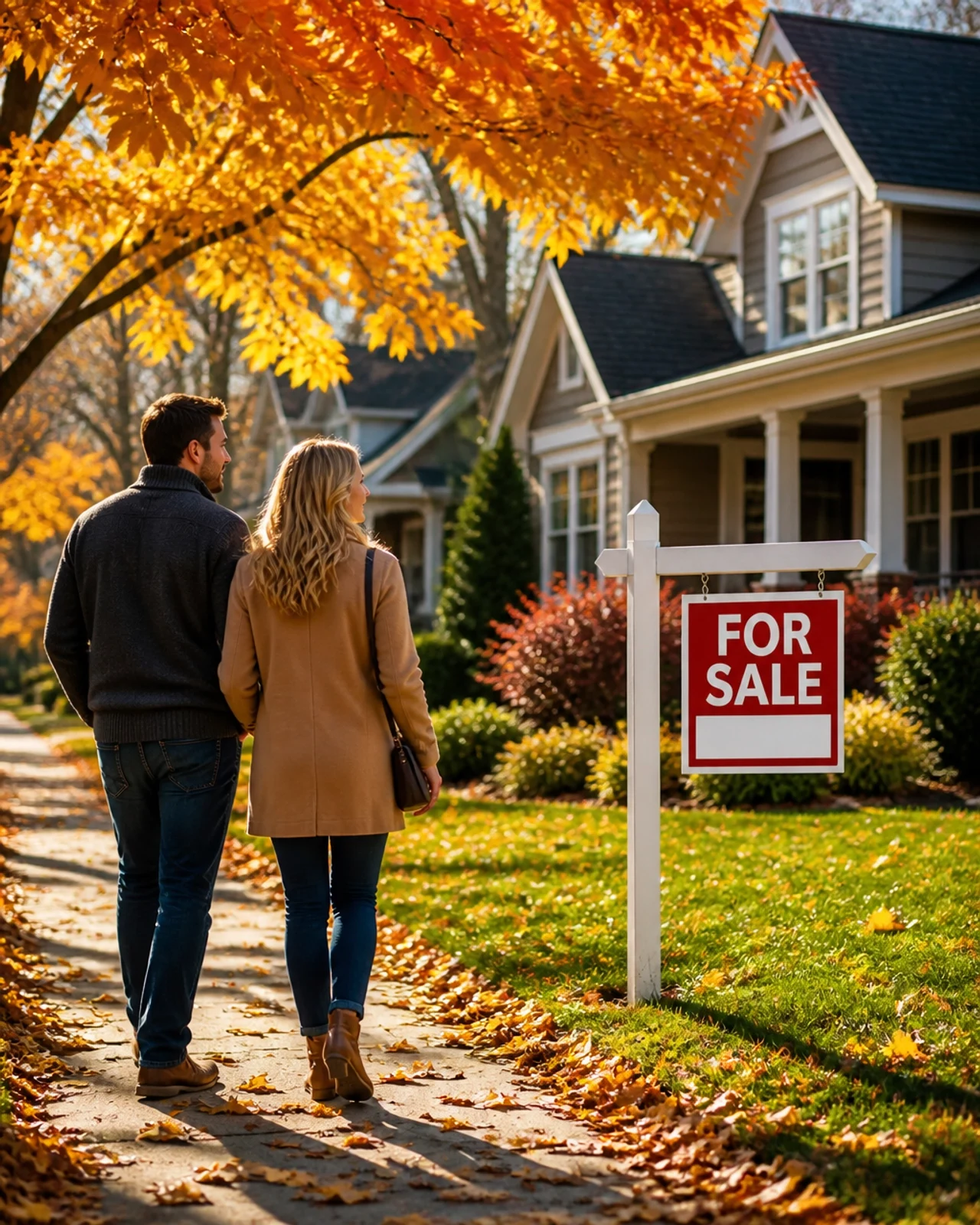 Couple viewing a home for sale in a neighborhood during the fall home buying season.