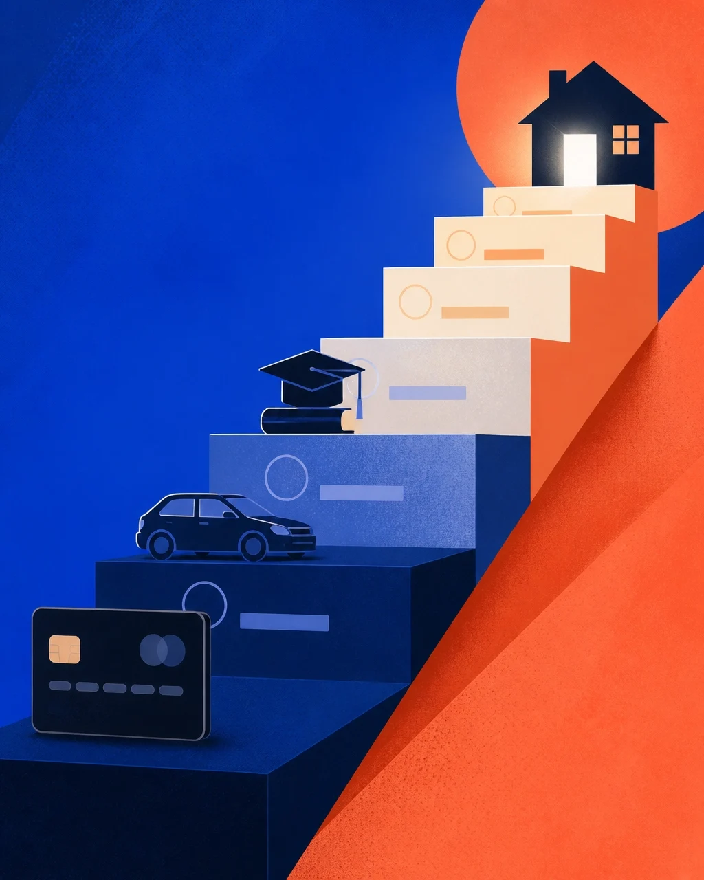 Illustration of homeownership financial milestones, showing a credit card, car, education, and home represented as steps toward buying a house.