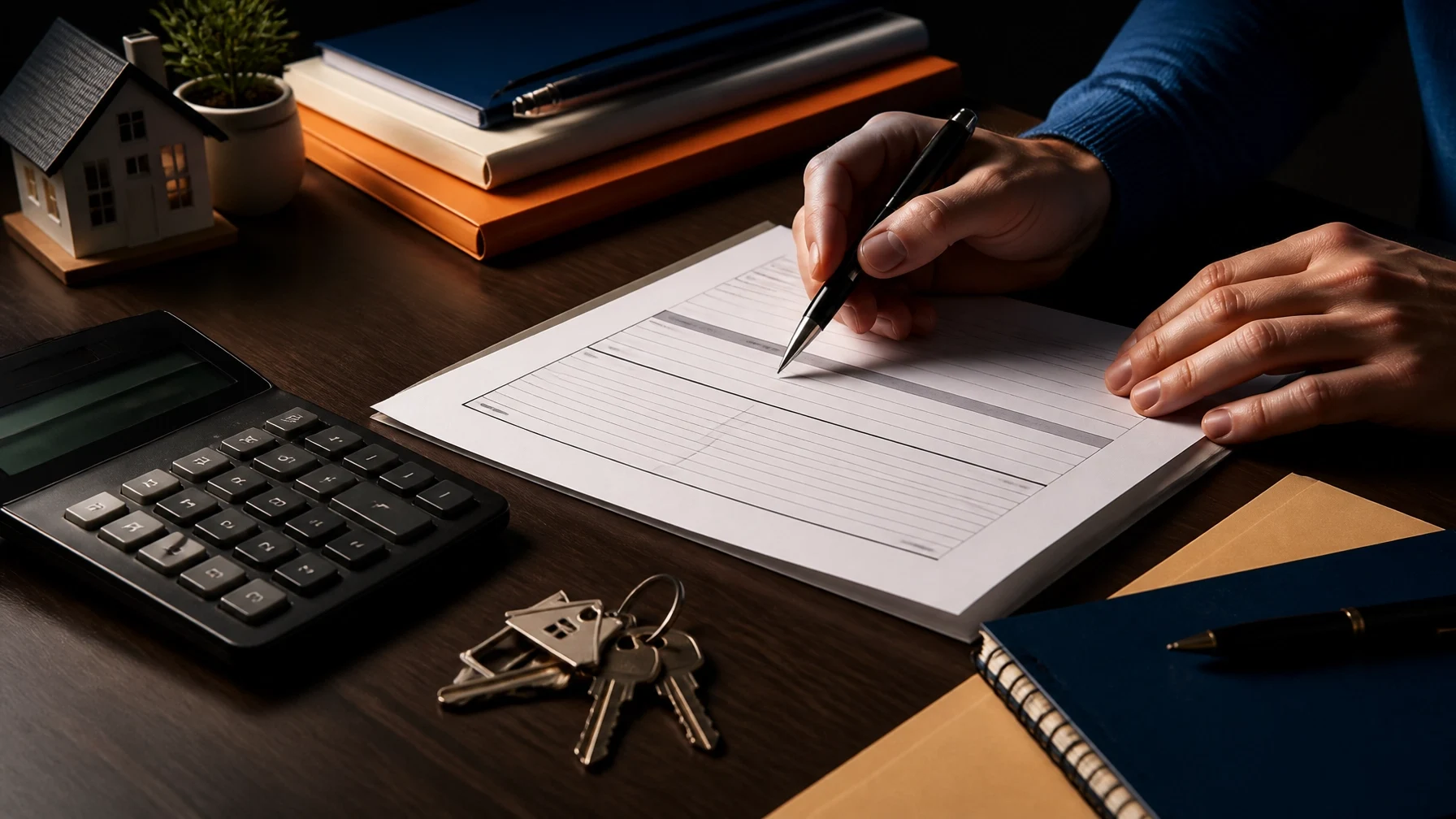 Person signing a real estate document with calculator, house model, and keys representing home financing and mortgage paperwork