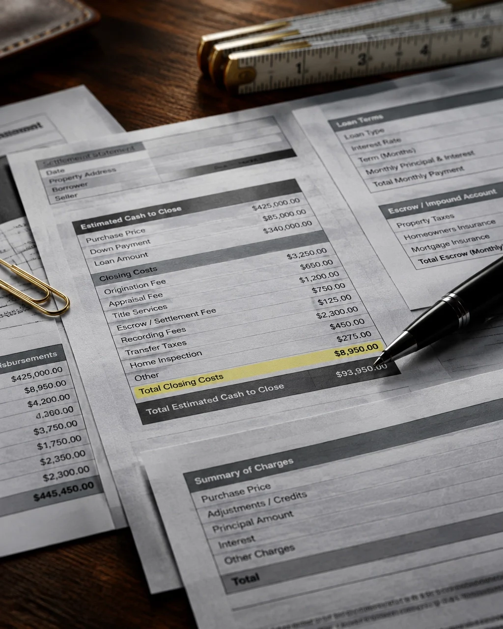 Mortgage closing disclosure showing estimated cash to close, loan costs, and closing expenses