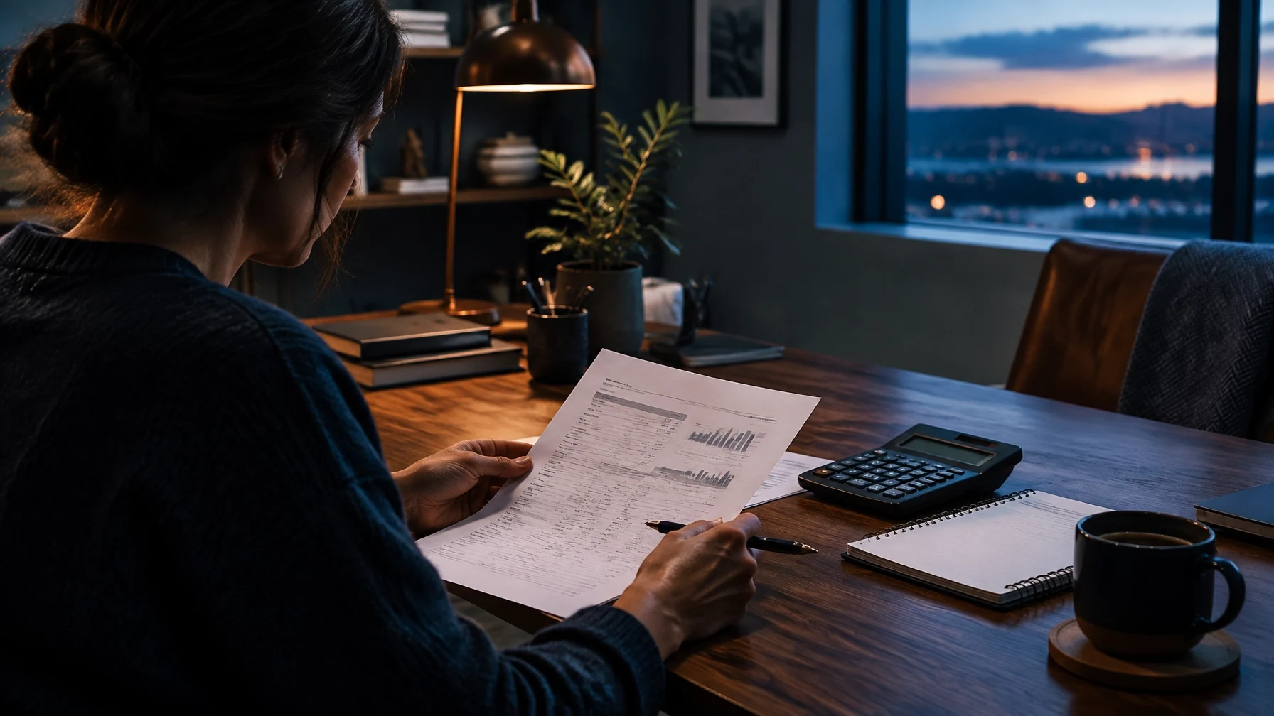 Homebuyer reviewing a mortgage loan estimate at a desk with a calculator and notebook at dusk