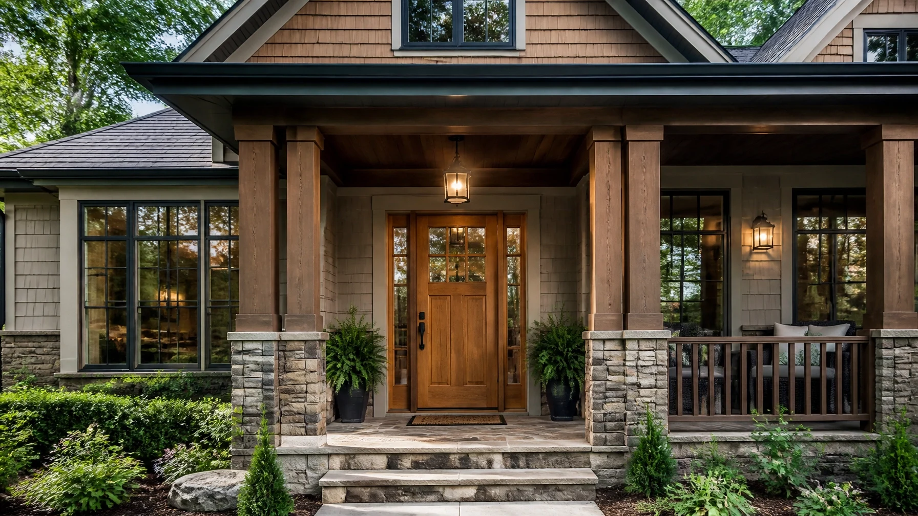 Beautiful craftsman-style home entrance with a covered front porch, wood front door, stone columns, and landscaped walkway, representing homeownership, curb appeal, and residential real estate.