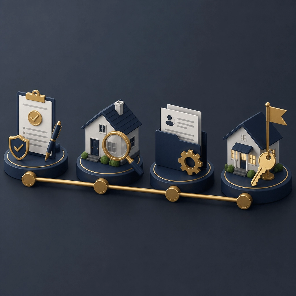 Modern 3D illustration of the home buying and mortgage process, showing loan approval, property review, document verification, and closing with house keys.