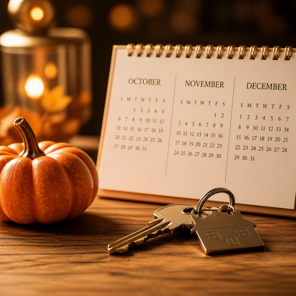 Calendar, house keys, and pumpkin representing the ideal fall home buying timeline.