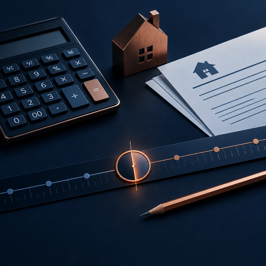 Calculator, copper house model, and loan documents beside a rate timeline slider for comparing mortgage options