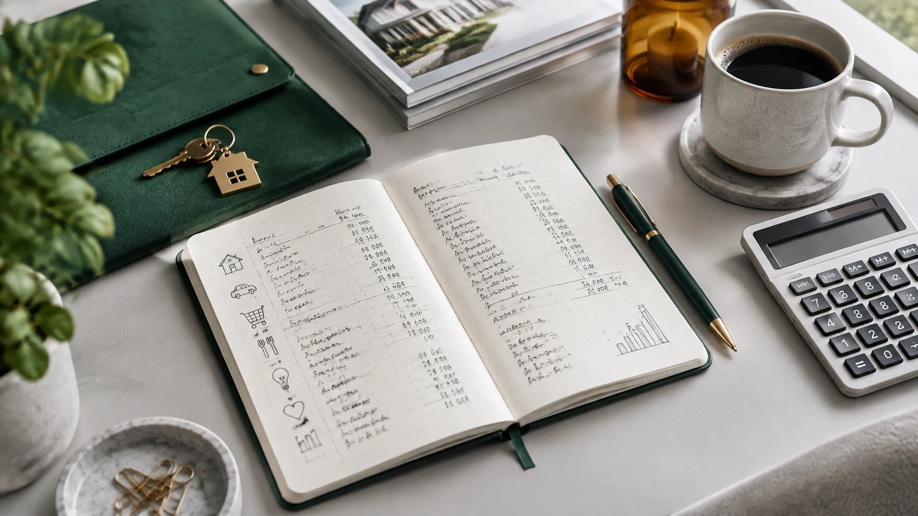 Open budgeting notebook with handwritten expense lines and category icons, beside a calculator, pen, coffee mug, and a house-shaped key chain on a green folder