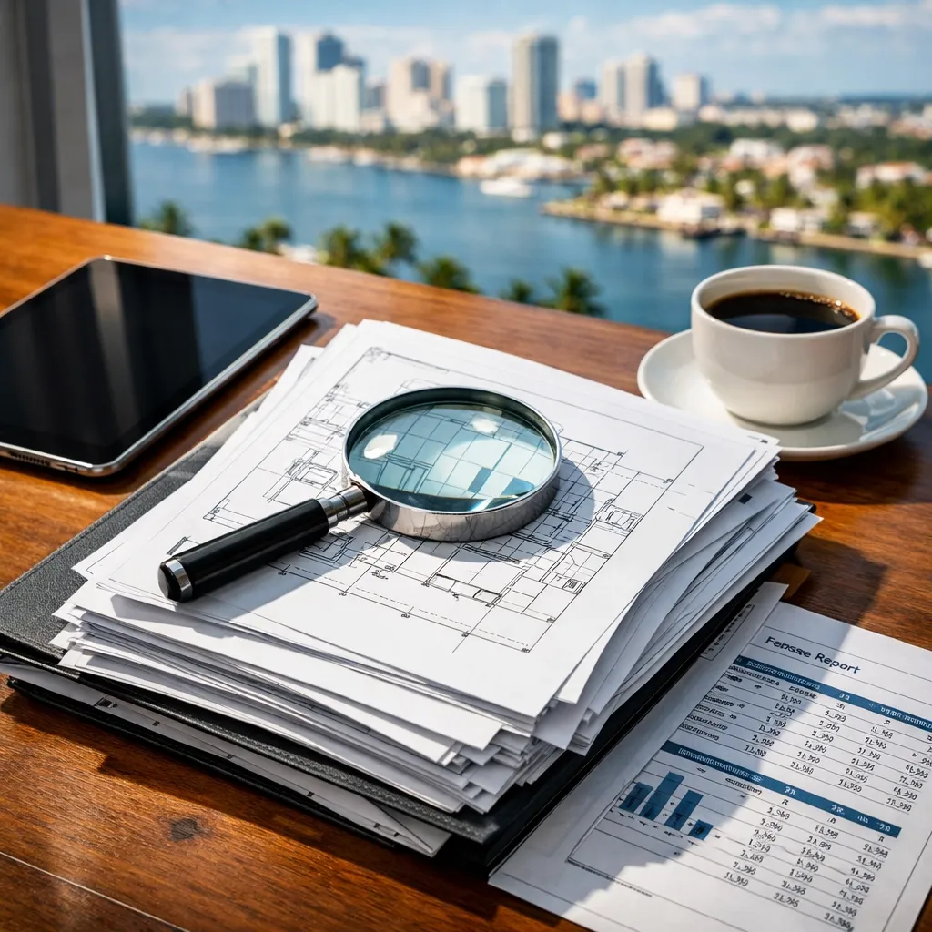 Architectural plans and real estate documents being examined, overflooking a waterfront city skyline