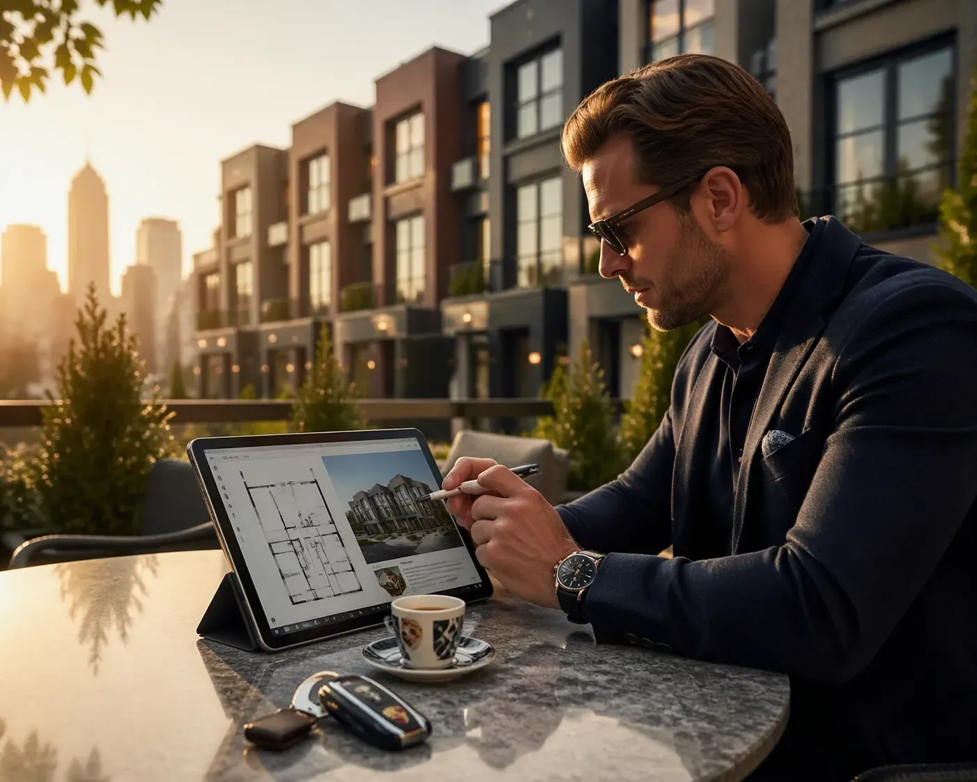 A man analyzing property plans on a tablet while sitting outdoors in a modern residential setting at sunset.