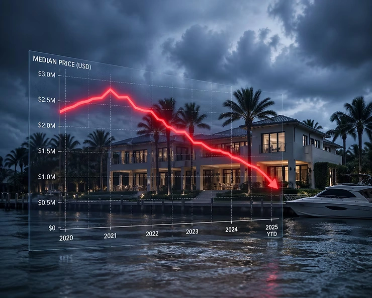 Luxury waterfront property with declining home price trend displayed on a market graph.