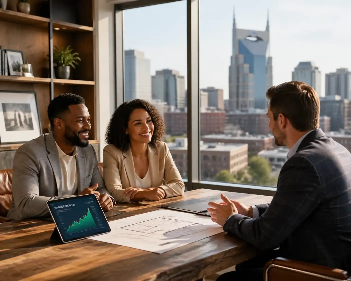 A couple meets with a real estate advisor in a modern office to discuss market trends and home buying opportunities.