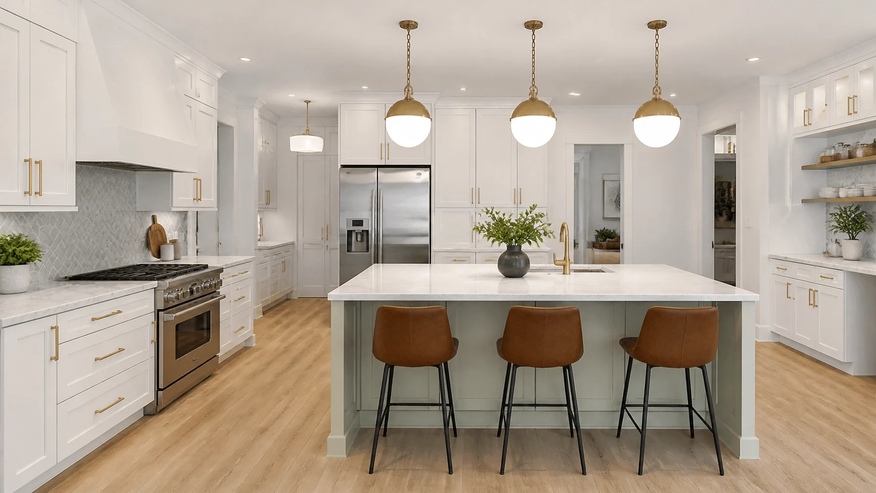 A bright, upscale kitchen featuring a large island, white cabinetry, and modern finishes.