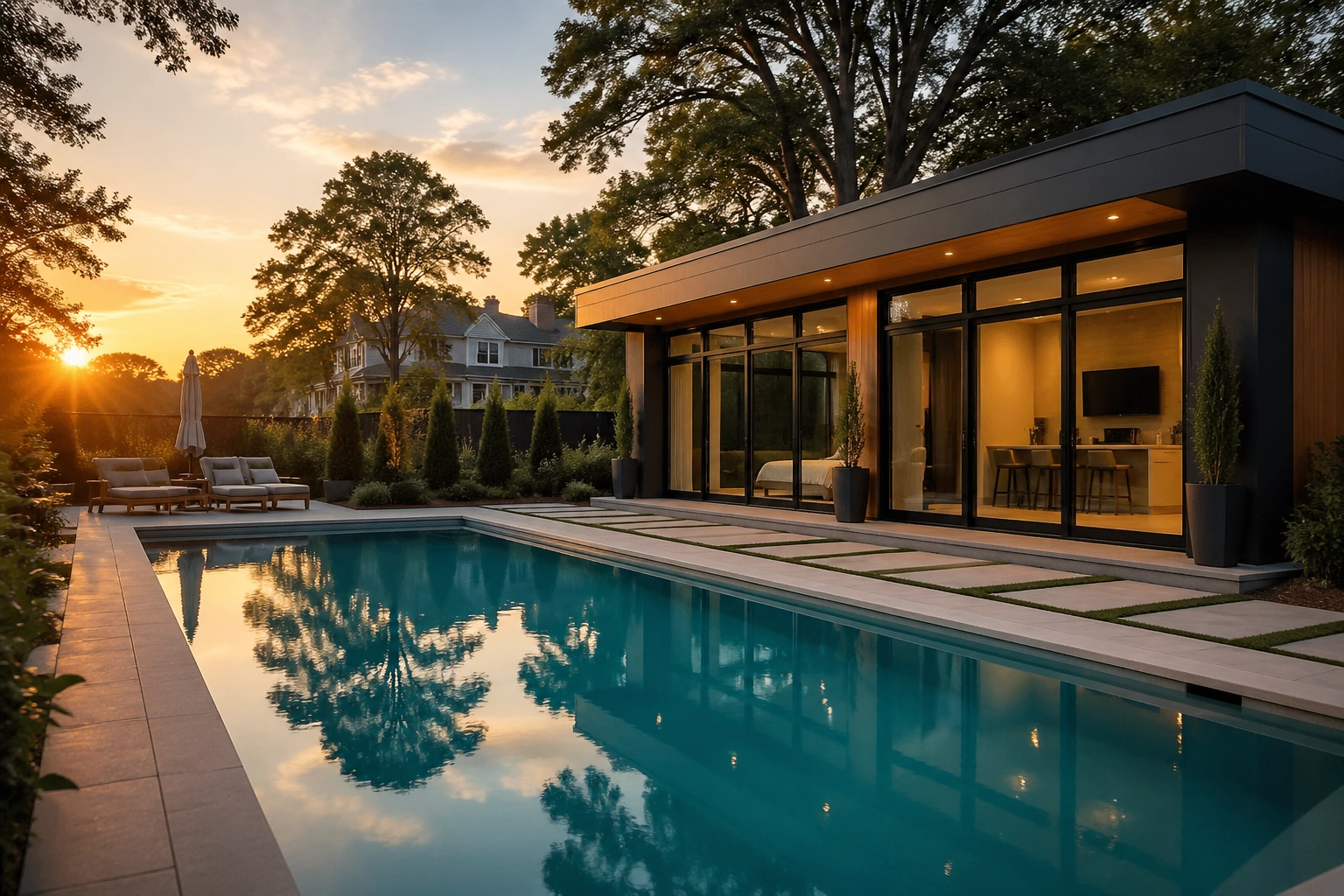 Modern luxury home with a pool at sunset surrounded by trees and landscaped outdoor seating.