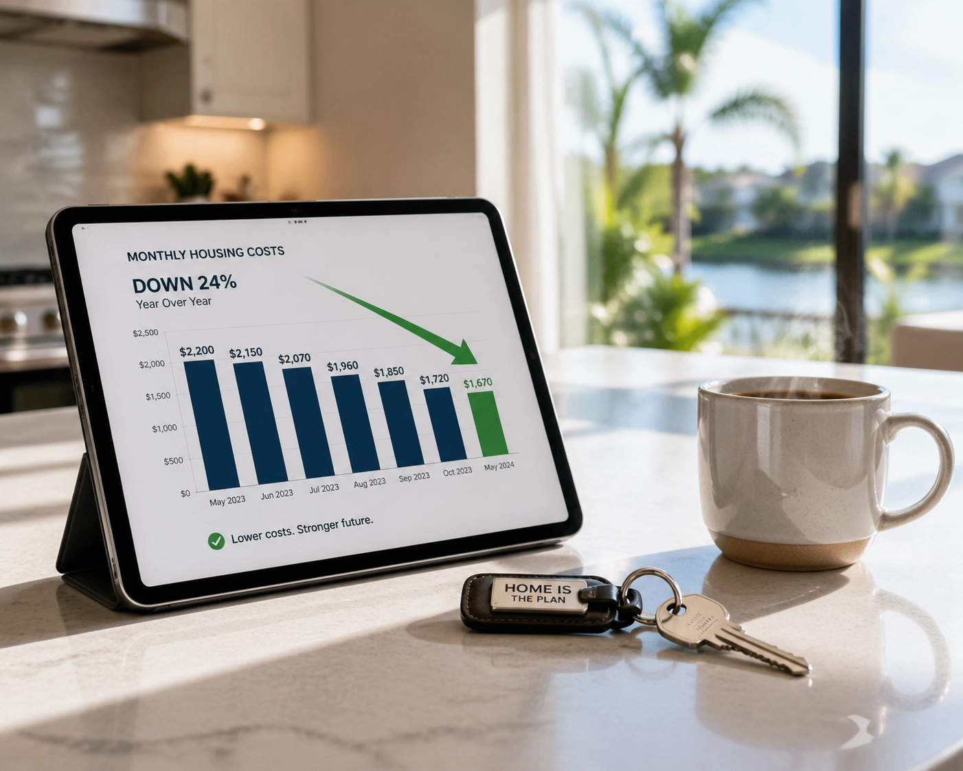 Tablet displaying lower monthly housing costs beside house keys and coffee in a bright kitchen.