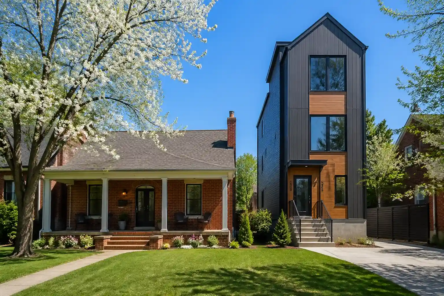A classic brick home and a modern narrow townhouse stand side by side in a quiet neighborhood on a bright spring day.
