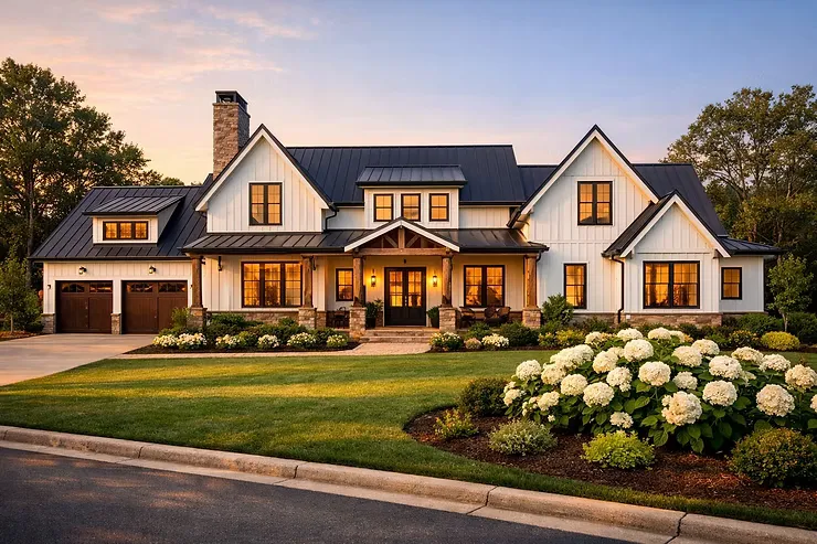 A large modern farmhouse-style home with glowing interior lights, manicured landscaping, and a spacious front lawn at sunset.