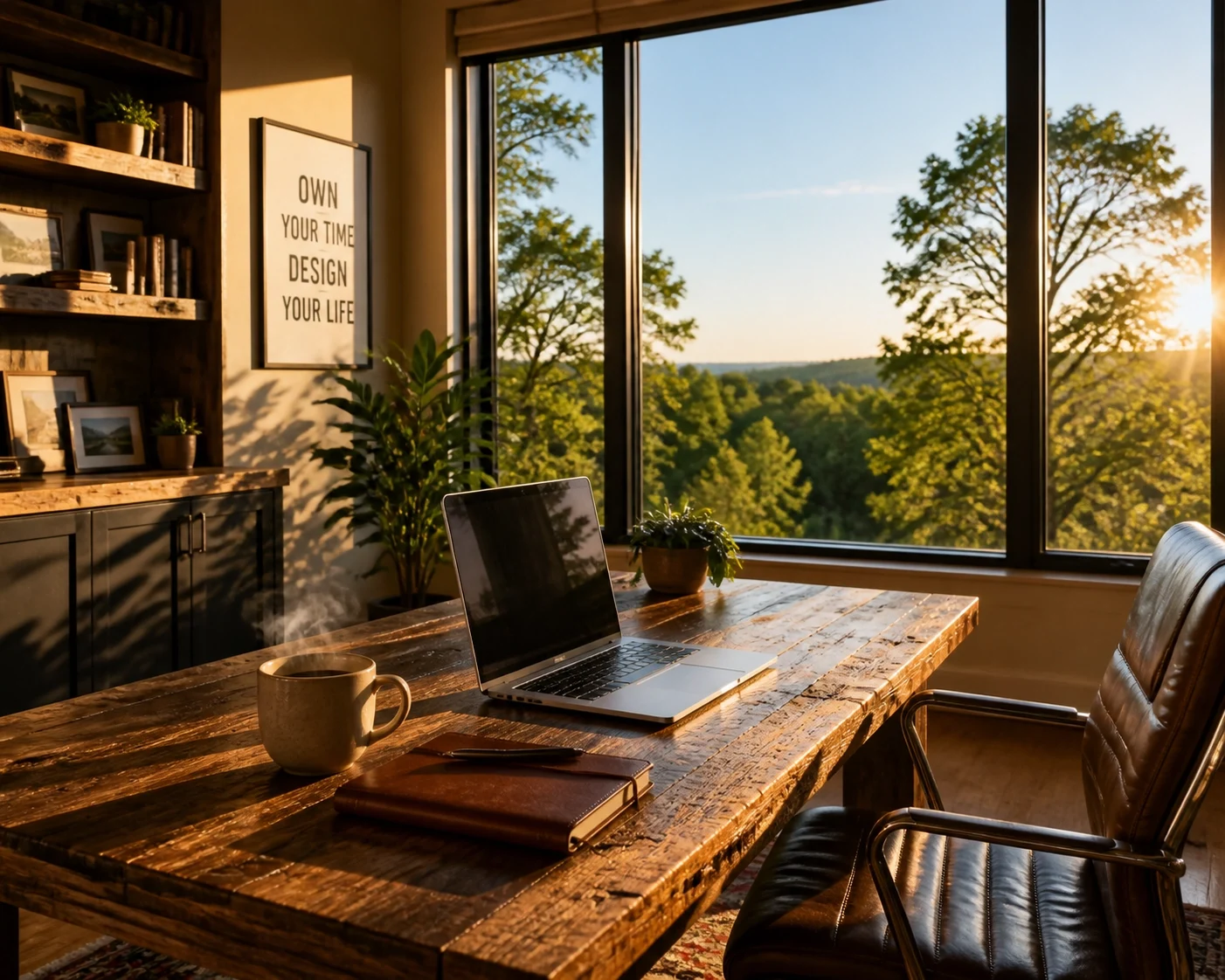 A cozy home office with a laptop and cup of coffee, overlooking a scenic forest view at sunrise.
