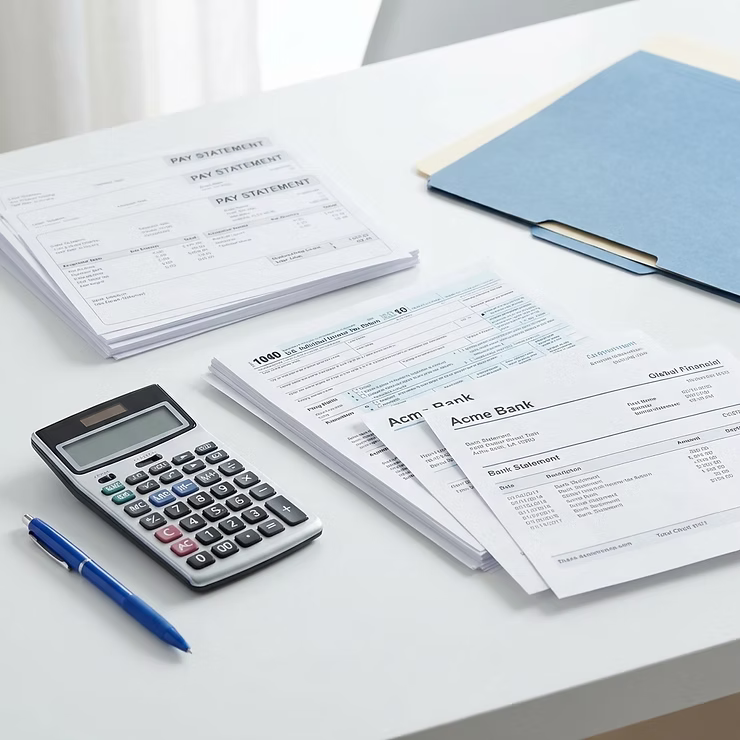 A calculator, pen, pay statements, tax forms and banking documents organized on a clean desk ready for a mortgage application review.
