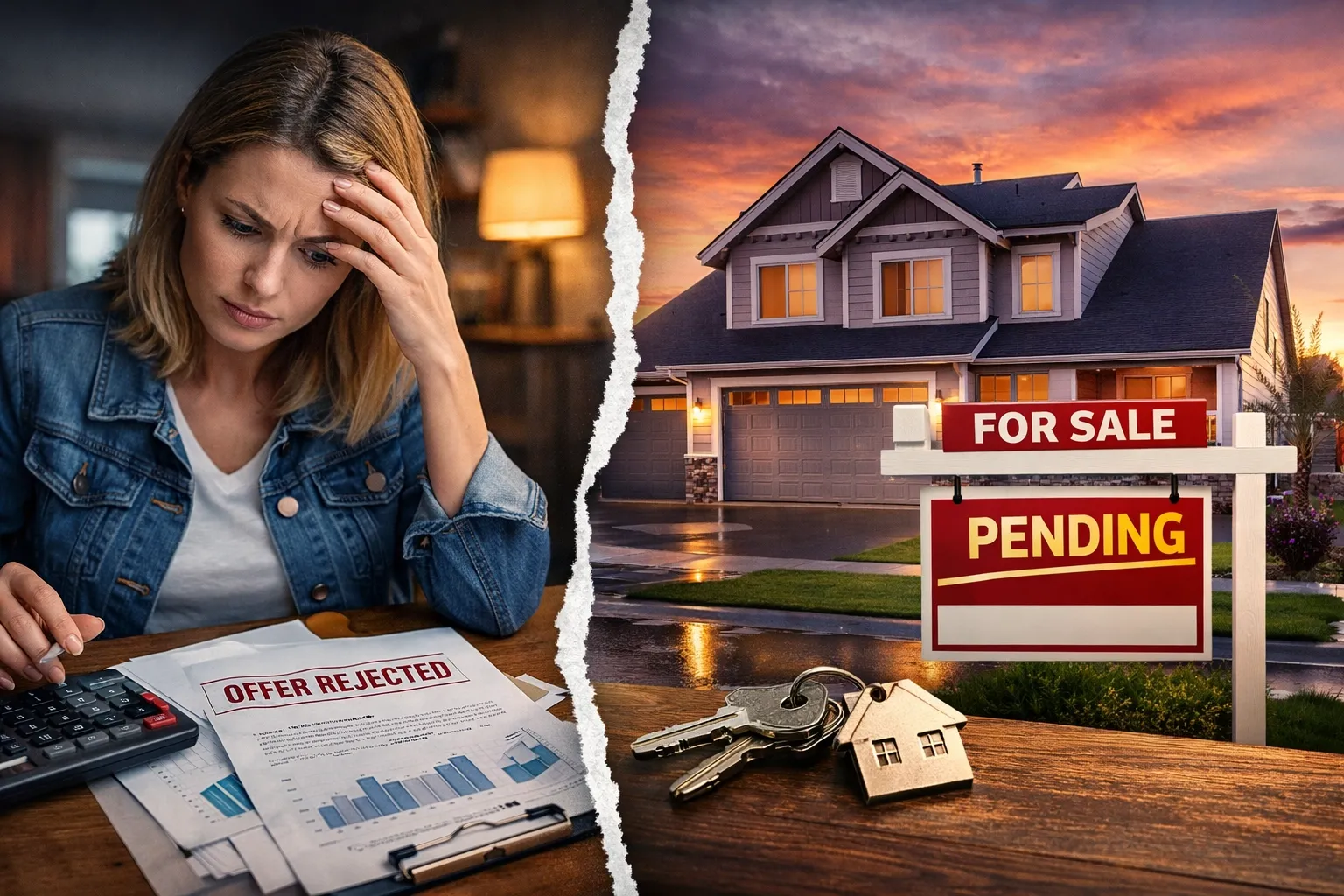 Stressed homebuyer reviewing an offer rejected document.