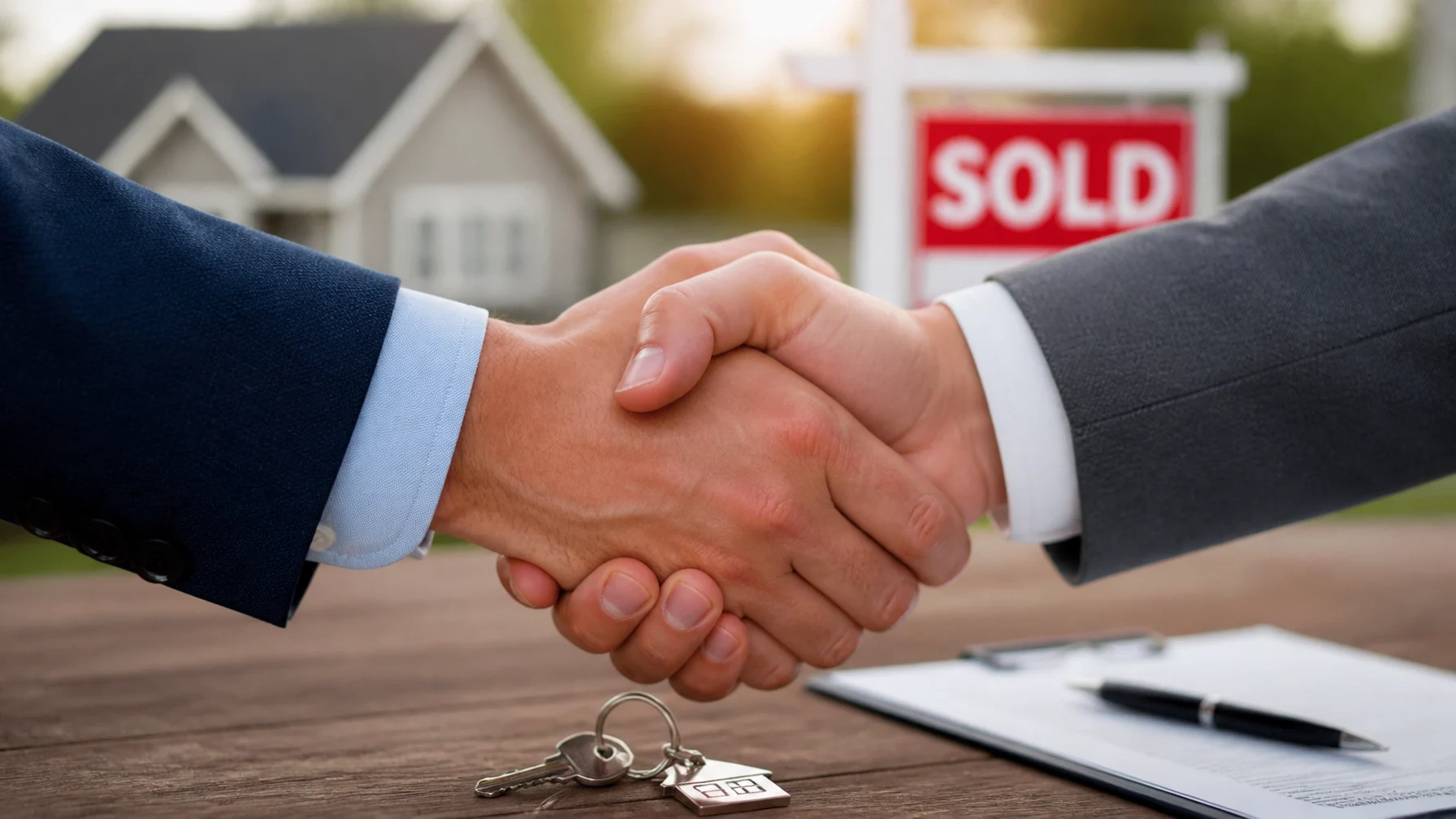Two professionals shaking hands after a successful home sale, with house keys and a sold sign in the background.